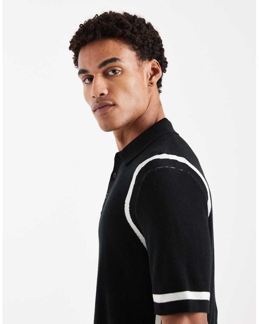ASOS Black Knit Polo With Panel Detail for men