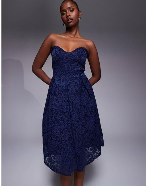 Vesper Blue Bengaline Lace Overlay Bandeau Sweetheart Neckline Pleat Hem Detail Midi Dress
