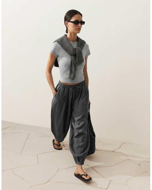 Oysho Black 100% Linen Striped Balloon Trousers
