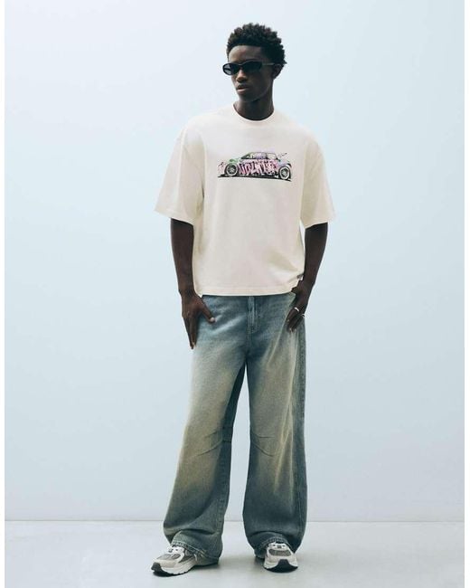 Bershka White Boxy-Fit Printed T-Shirt for men