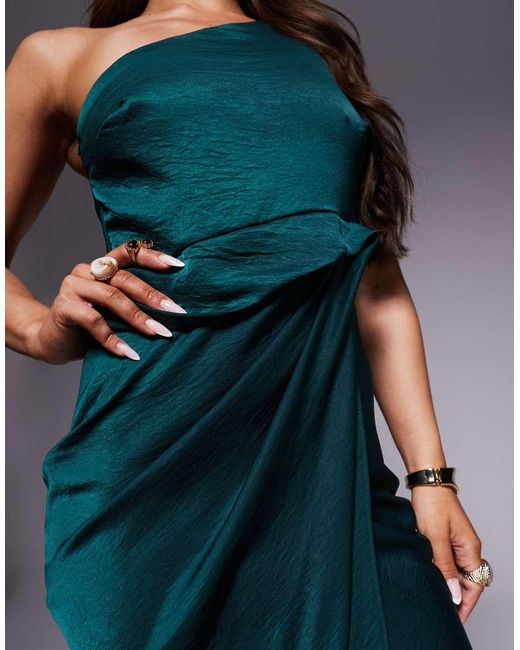 ASOS Blue One Shoulder Satin Knot Detail Maxi Dress