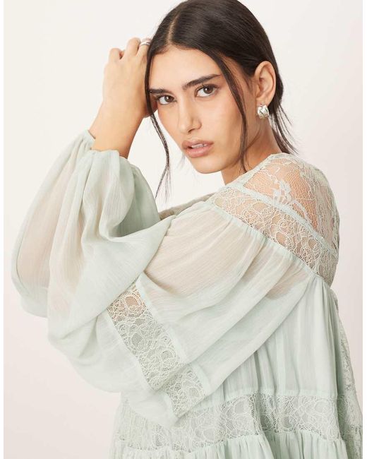 ARRANGE Lace Insert Drop Waist Blouson Sleeve Trapeze Maxi Dress in Natural  | Lyst UK