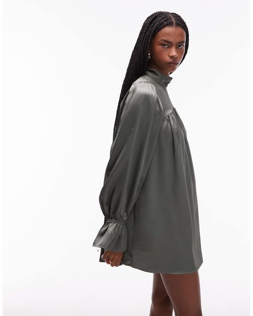 ASOS Multicolor Satin High Neck Blouson Sleeve Mini Dress