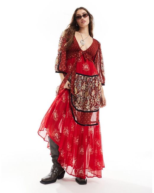 Free People Red Print Insert Boho Maxi Dress