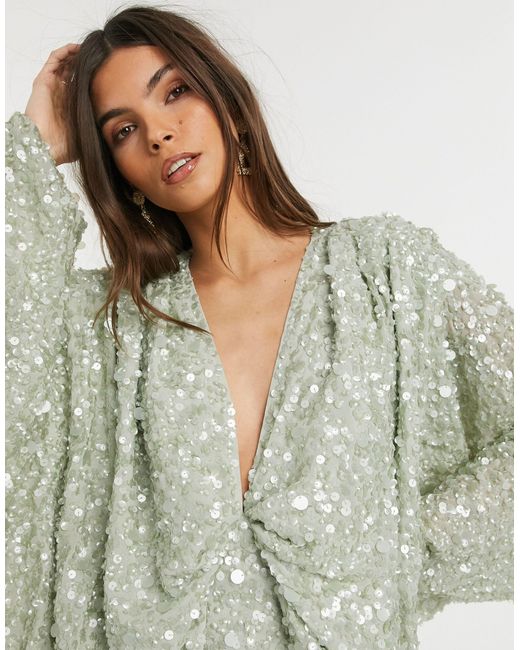 ASOS Green Kimono Sleeve Drape Back Sequin Midi Dress