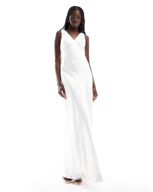 Six Stories White Bridal Gathered Satin Maxi Dress