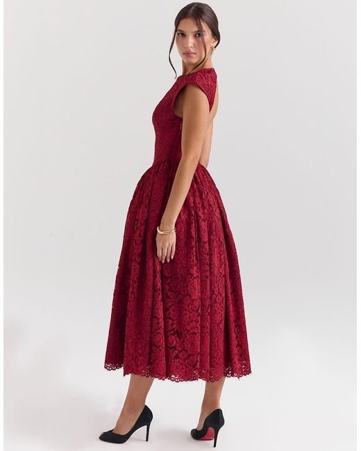 House Of Cb Red Debutante Lace Backless Midi Dress