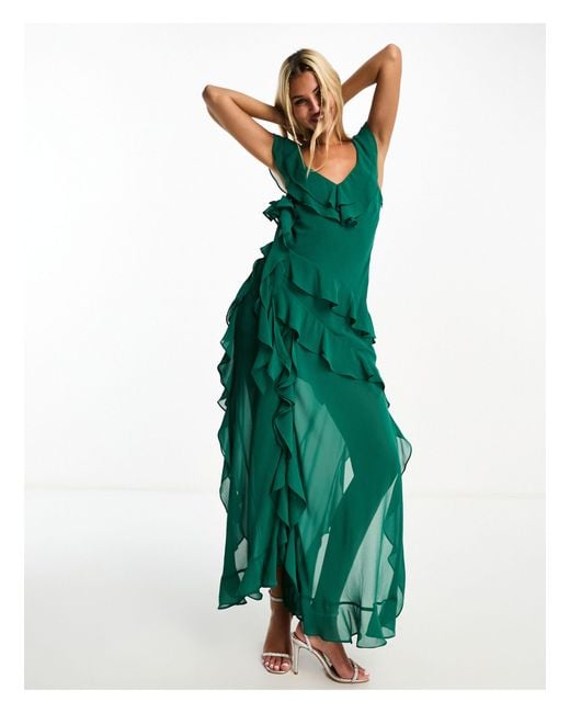 EVER NEW Green Corsage Ruffle Georgette Maxi Dress