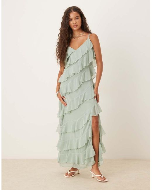 Vila Green Asymmetric Frill Maxi Dress With Side Split