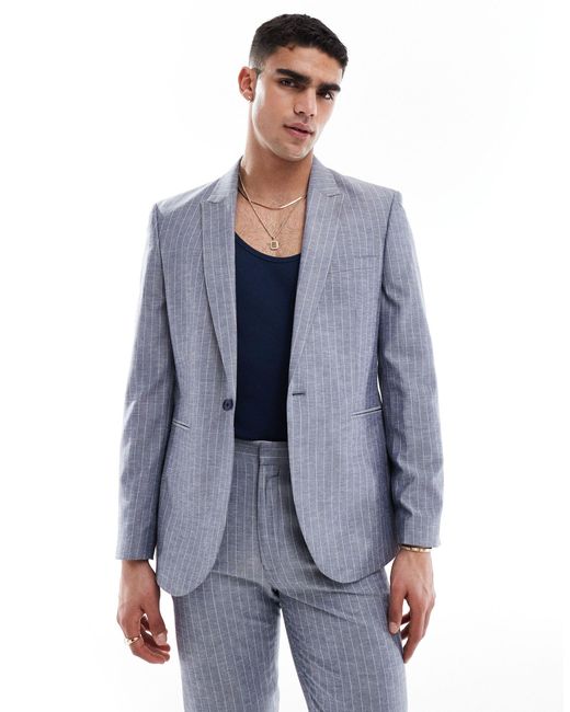 ASOS Blue Slim Linen Mix Suit Jacket for men