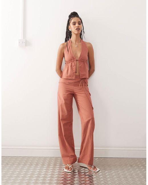 Motel Orange Cursa Sarong Overlay Bead Detail Linen Trousers