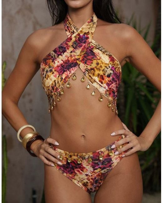 Moda Minx Brown X Zoe Servini Floral Print High Waisted Bikini Bottoms With Bead Detail