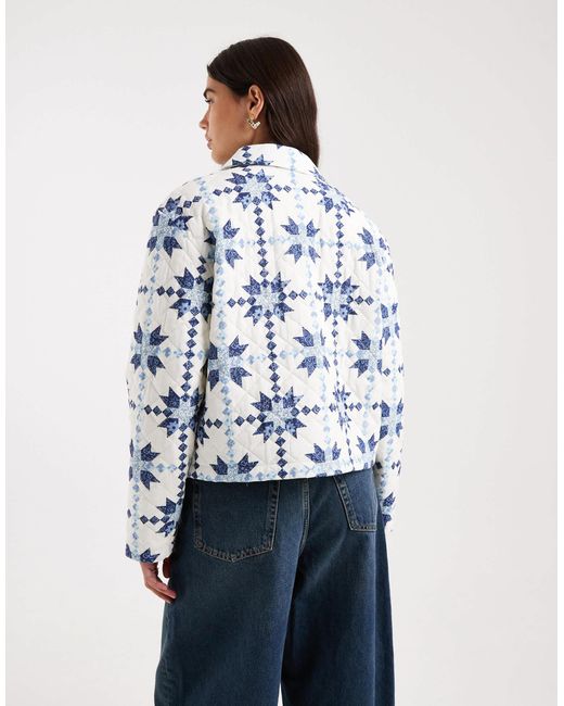 ONLY Blue Lightweight Quilted Jacket With Paisley Fairisle