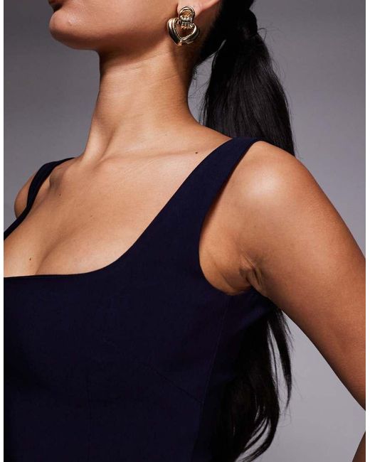 Vesper Blue Bengaline Square Neck Bodycon Midi Dress