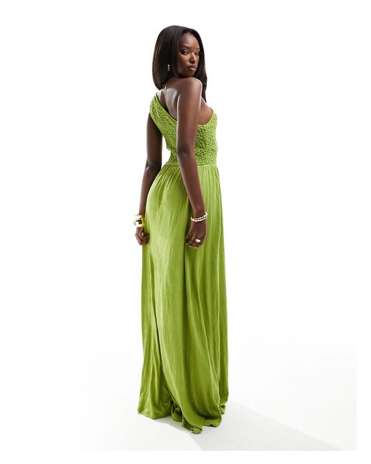 ASOS Green Shirred Crinkle One Shoulder Maxi Dress