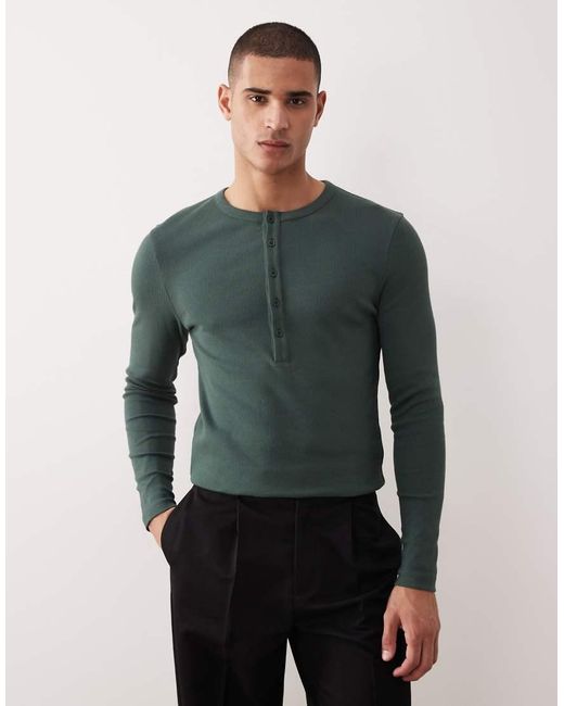 ASOS Geribbeld Muscle-Fit T-Shirt Met Lange Mouwen En Henley-Hals in het Green voor heren