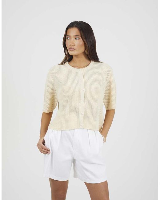 Brave Soul White Short Sleeve Crew Neck Fisherman Knit Cardigan