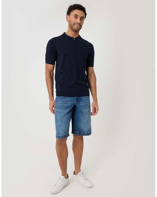 Threadbare Blue Quarter Zip Knitted Polo for men