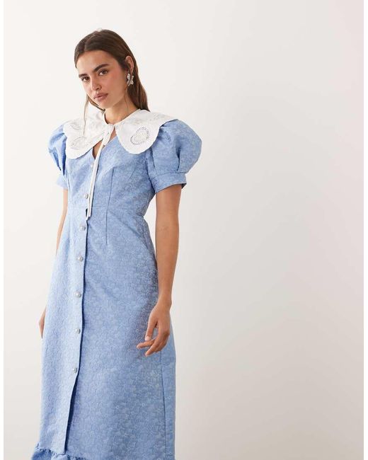 Sister Jane Blue Alice Jacquard Frill Hem Midi Dress With Removable Lace Collar