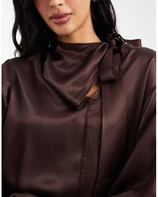 ASOS Brown Satin Tie Neck Blouse