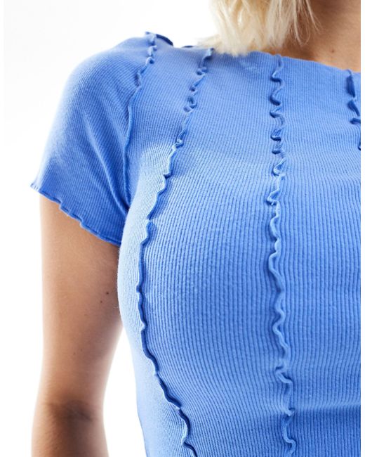 Monki Blue Short Sleeve Lettuce Trim T-shirt Top