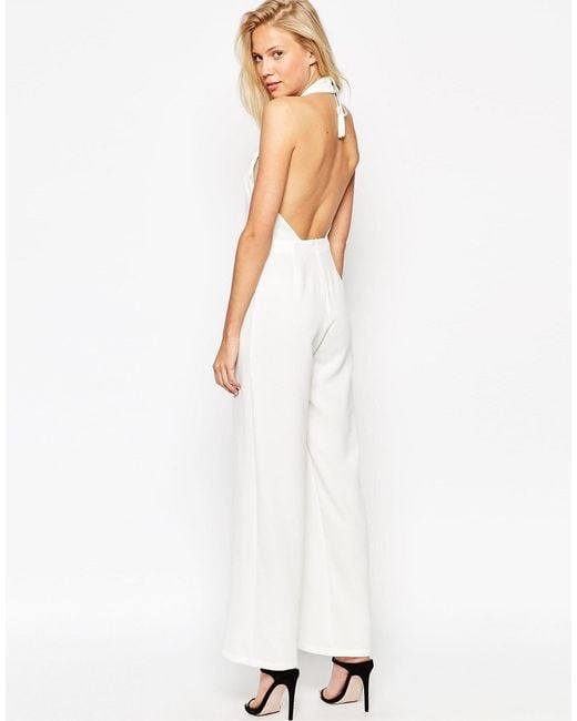 ASOS Backless Jumpsuit With High Neck And Tassle Back in White | Lyst