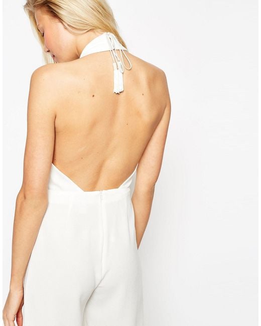 ASOS Backless Jumpsuit With High Neck And Tassle Back in White