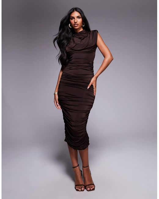 TFNC London Brown High Neck Padded Shoulder Midi Dress