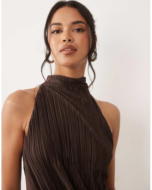 ASOS Natural Plisse Contrast Draped Halter Neck Maxi Dress