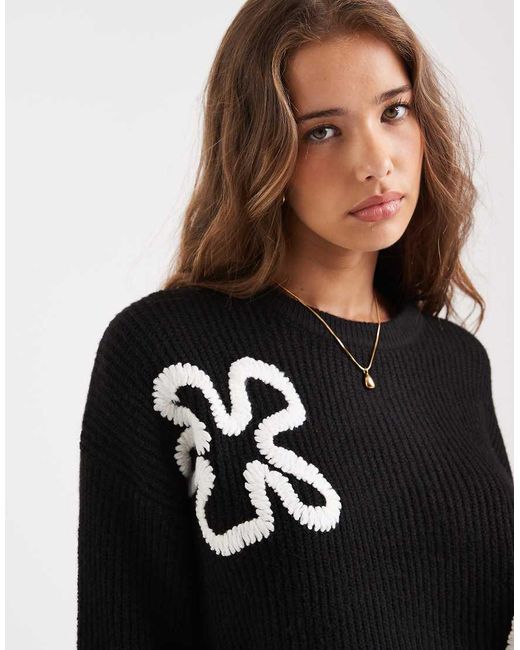 ONLY Black Knitted Jumper With Floral Embroidery