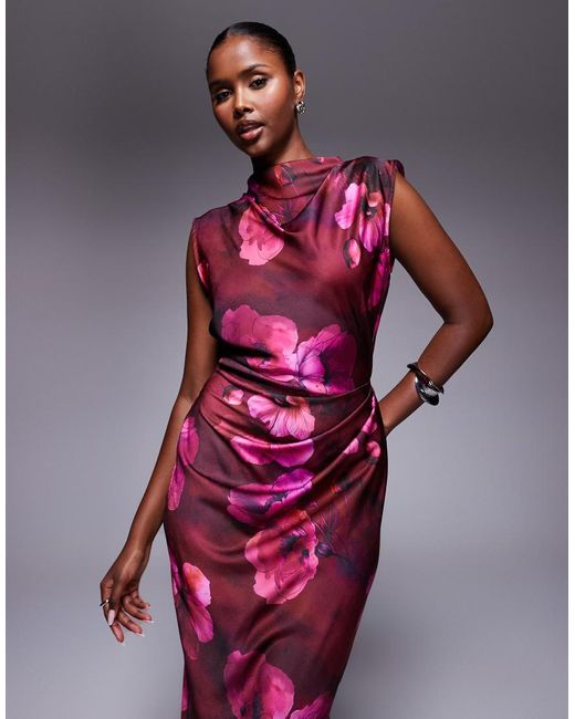 ASOS Hoogsluitende Midi Jurk Van Satijn Met Geplooid Lijfje En Bloemenprint in het Purple