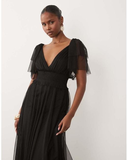LACE & BEADS Black Bridesmaid Shirred Waist V Neck Mesh Flutter Sleeve Maxi Dress