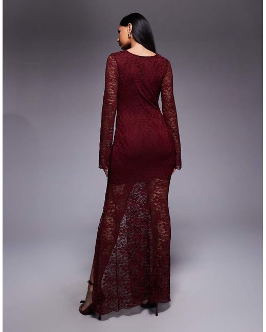 Kaiia Purple Exclusive Lace Cowl Neck Flare Sleeve Thigh Split Maxi Dress