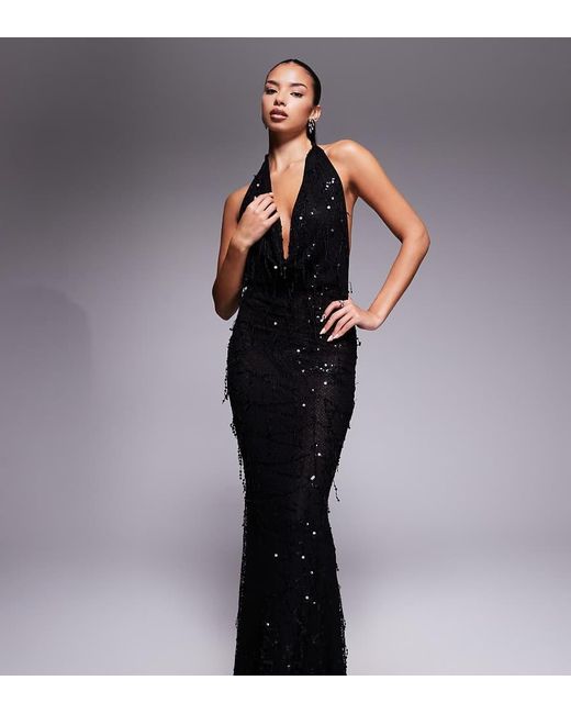 Murci Black Exclusive Halterneck Plunge Cowl Neck Open Back Fishtail Maxi Dress