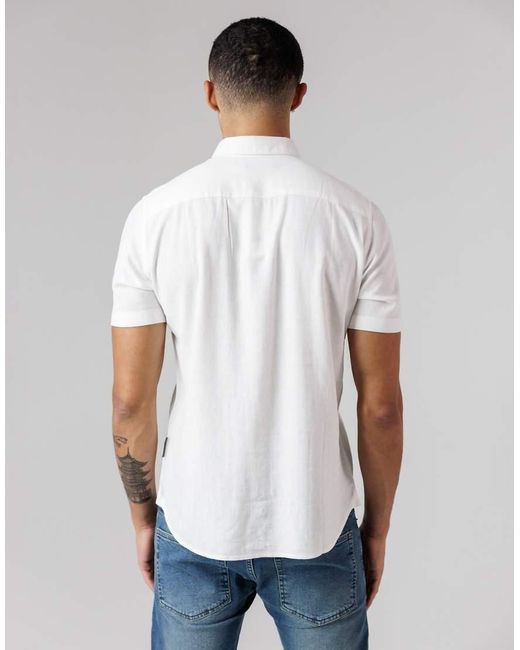 French Connection White Linen Blend Short Sleeve Chest Pocket Shirt for men
