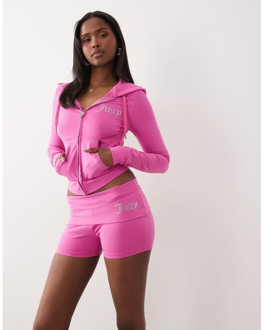 Juicy Couture Purple Foldover Waistband Diamante Logo Micro Shorts Co-ord