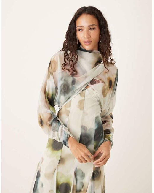 ASOS Natural Long Sleeve Wrap Over Top Dress With Godet Full Skirt And Low Back