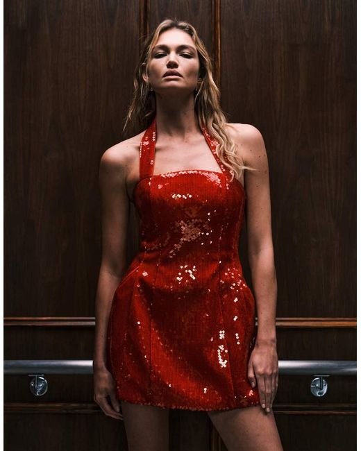 Bardot Red Nevelle Sequin Hourglass Halter Neck Dress