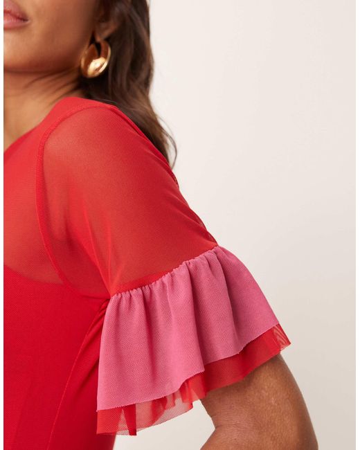Never Fully Dressed Red Mesh Ruffle Maxi Dress