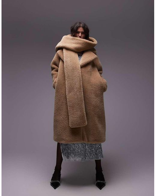 TOPSHOP Brown Super Oversized Statement Borg Coat With Hooded Scarf