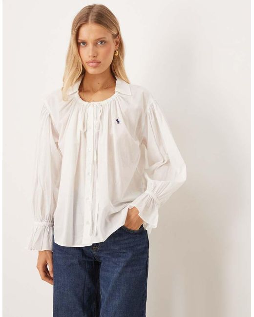 Polo Ralph Lauren White Icon Logo Boho Ruffle Blouse