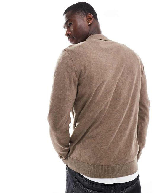 SELECTED Brown 100% Cotton Long Sleeve Half Zip Polo for men