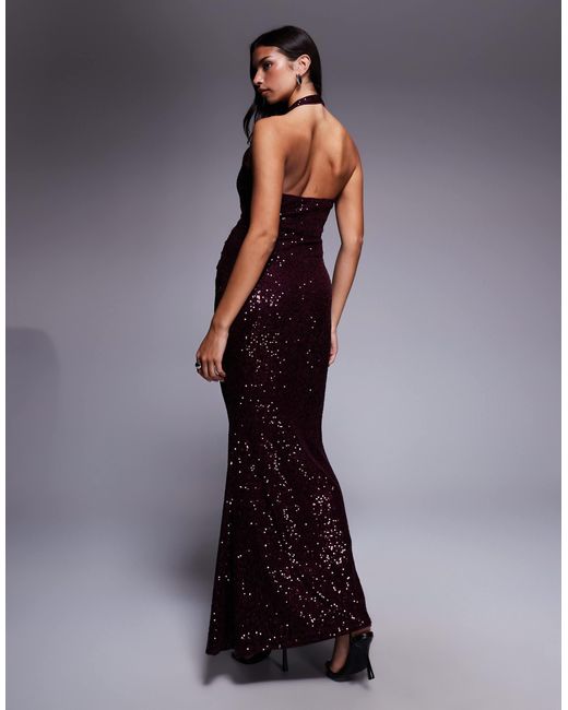 Robe longue avec décolleté plongeant et sequins sur l'ensemble - bordeaux ASOS en coloris Purple