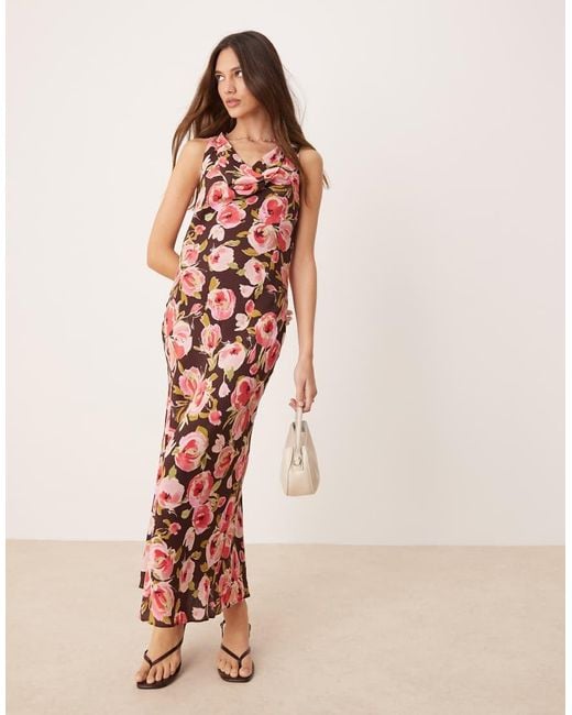 Mango Pink Floral Print Cowl Neck Midaxi Dress