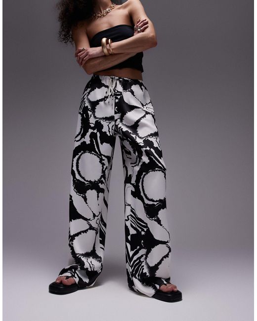 TOPSHOP Gray Straight Leg Satin Abstract Floral Printed Trouser