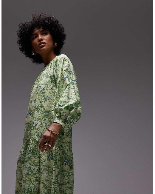 ARKET Green Pure Cotton Smock Midaxi Dress With Drop Waist