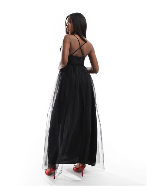 LACE & BEADS Black Cross Back Tulle Maxi Dress
