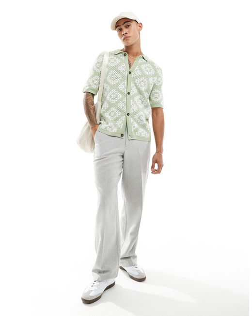 Polo boutonné en maille crochetée - sauge/écru ASOS pour homme en coloris White