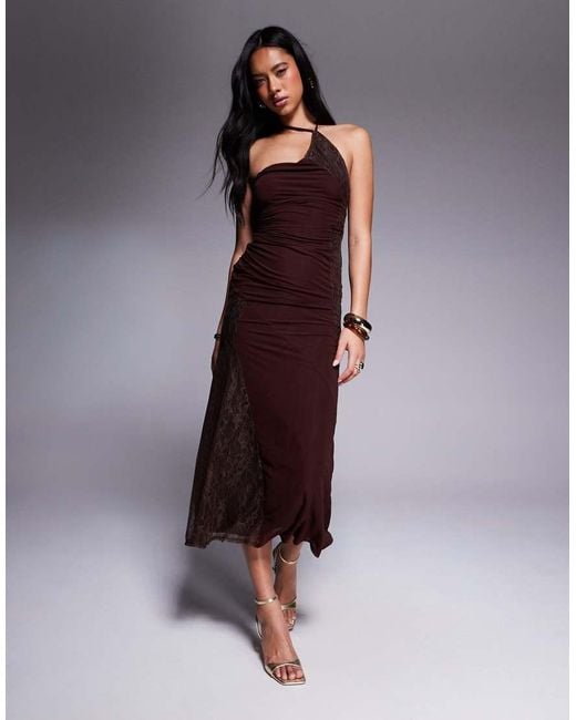 ASOS Purple Stretch Chiffon One Shoulder Midi Dress With Patchworked Lace