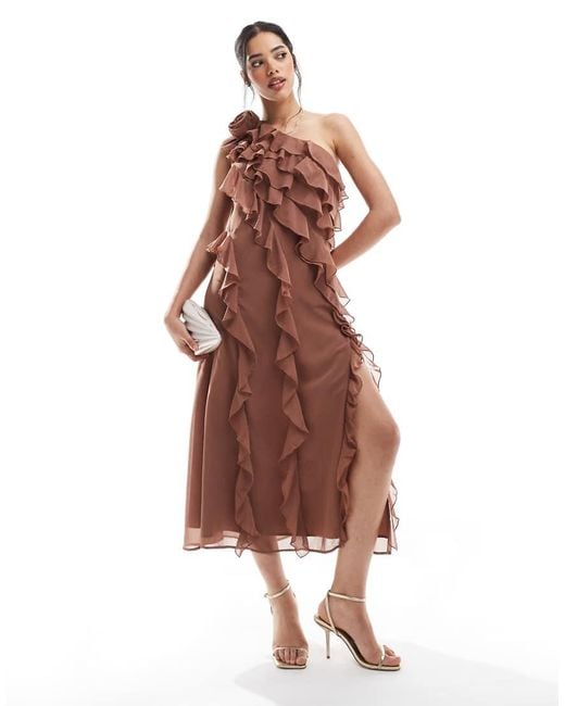 French Connection Brown Oskar Ruffle One Shoulder Midaxi Dress